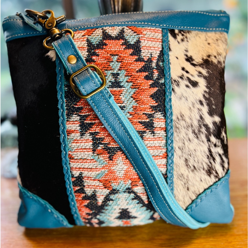 Myra Western Boho Crossbody Cowhide Turquoise Leather Canvas Native American Bag